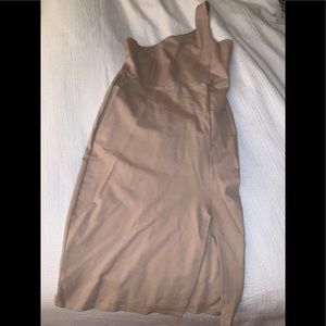 Camel one shoulder leg slit dress